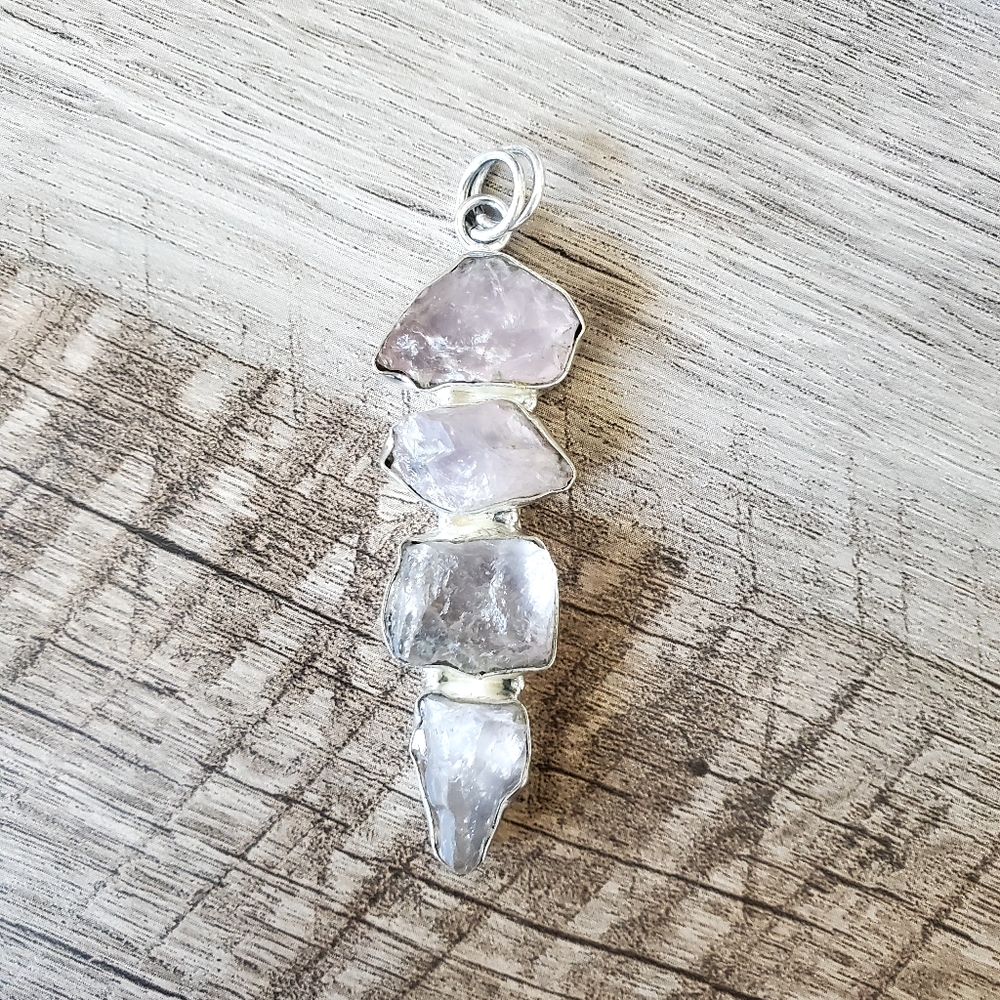 Natural Rough Rose Quartz Gemstones Set in 925 Sterling Silver Pendant, NWT - Picture 10 of 16